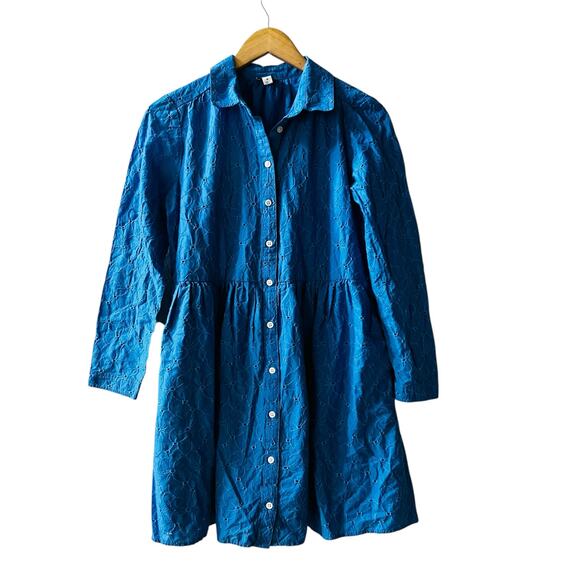 J. Crew Eyelet Button Up Long Sleeve Dress Size 4 Blue - Picture 2 of 10